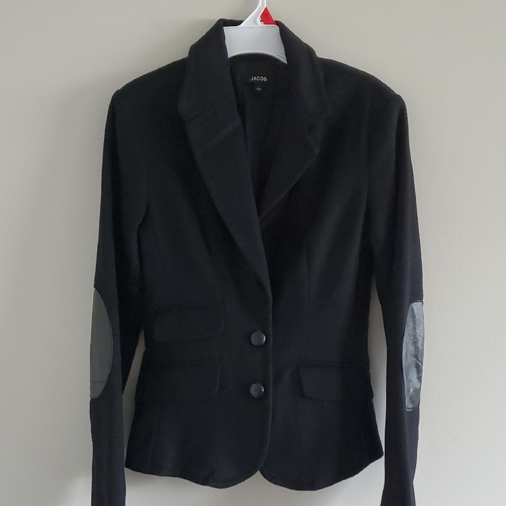 Jacob Black Wool Cashmere Blend Elegant Blazer Jacket with Elbow Patches Size XS